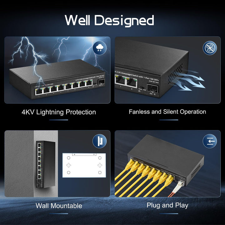 Binardat 8 Port 2.5G Switch mit 10G SFP+ Port, 8 x 2.5 Gigabit RJ-45 Base-T Ports, Unmanaged Multi-G