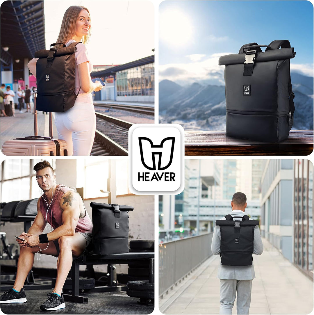 HEAVER® Rucksack Rolltop schwarz mit Schuh- und Laptopfach, für Damen und Herren, Flexibles Volumen