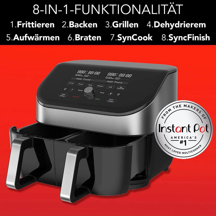 Instant Vortex Plus Doppelkorb mit ClearCook - 7.6L Digitale Heissluftfritteuse, Edelstahl, 8-in-1 S
