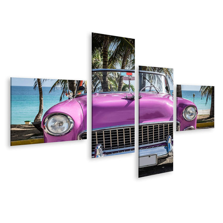 islandburner Bild auf Leinwand Kuba Rosa Amerikanisches Klassisches Auto Geparkt Unter Palmen In Der