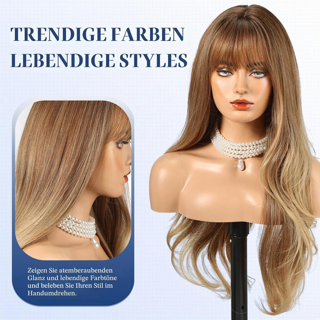 HAIRCUBE Lange Ombre-Perücke in Braun mit Pony, geschichtete lockige Perücken für Frauen, natürliche