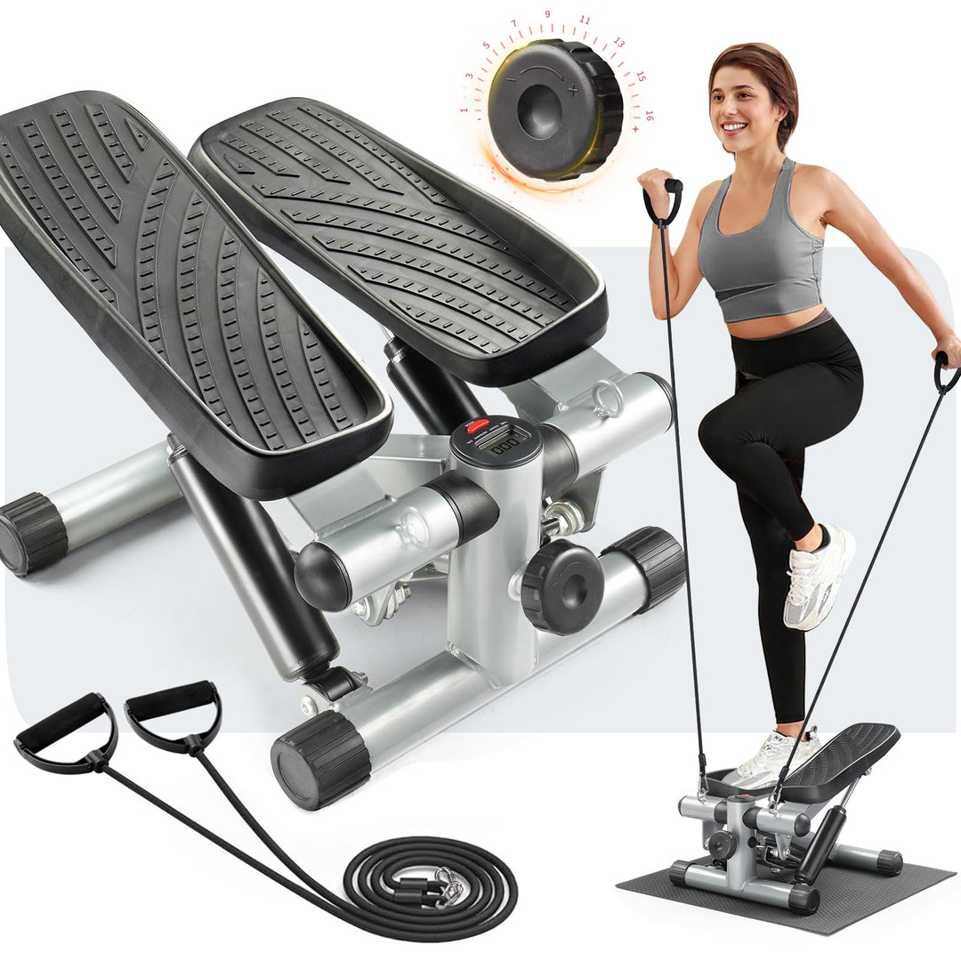 LEADZM Mini Stepper Mit Silent-Pad für Zuhause, 2 in 1 Fitness Stepper mit Gummiband, LCD Display, T