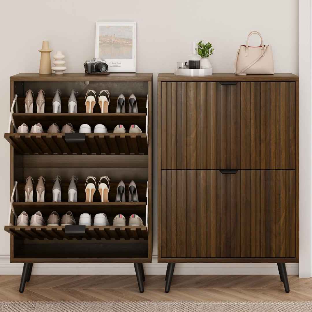 Smuxee Schuhschrank mit 2 Klappschubladen, 23,6 Zoll (60 cm) Nussbaum Holz Schuhschrank mit geriffel