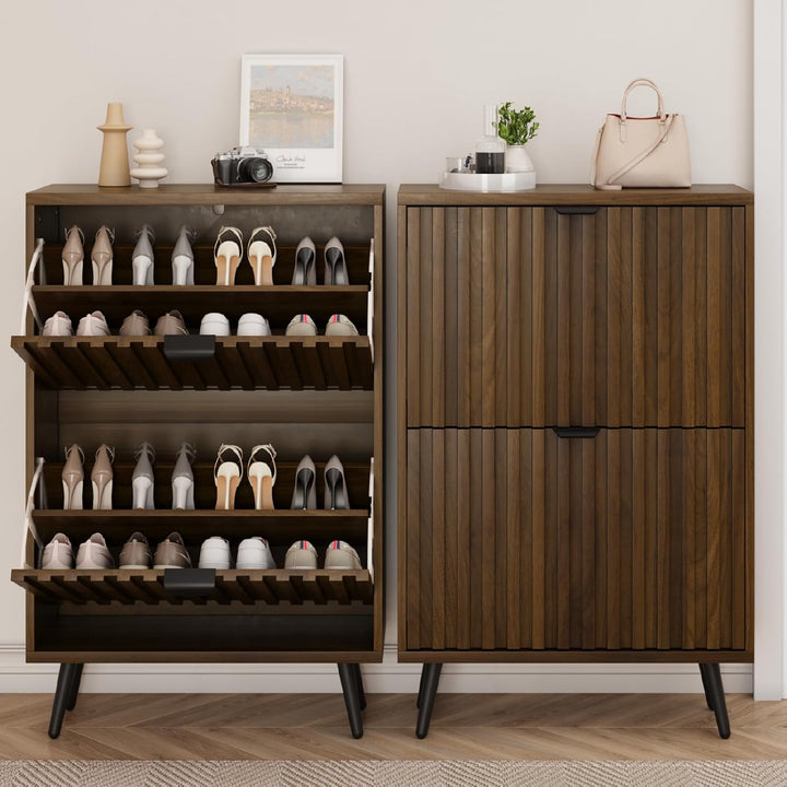 Smuxee Schuhschrank mit 2 Klappschubladen, 23,6 Zoll (60 cm) Nussbaum Holz Schuhschrank mit geriffel