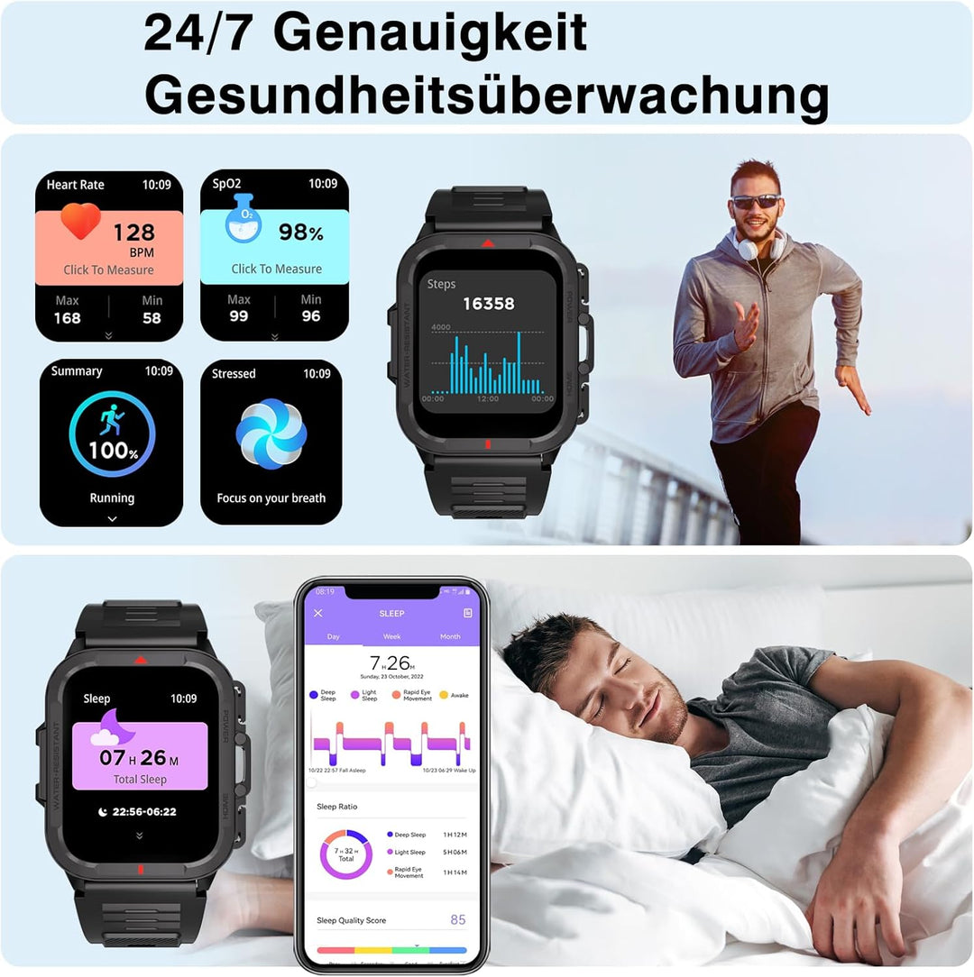 Bebinca Smartwatch Damen/Herren mit Telefonfunktion, 1,72“ HD Quadratische Touchscreen Fitness-Track