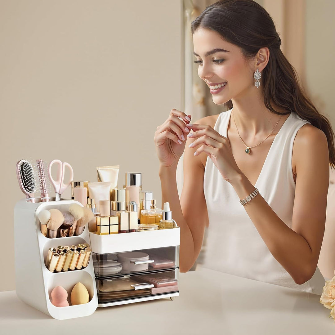 HBlife Makeup Kosmetik Organizer mit Schubladen, Pinsel Organizer, 3-in-1 Plastic Kosmetik Aufbewahr