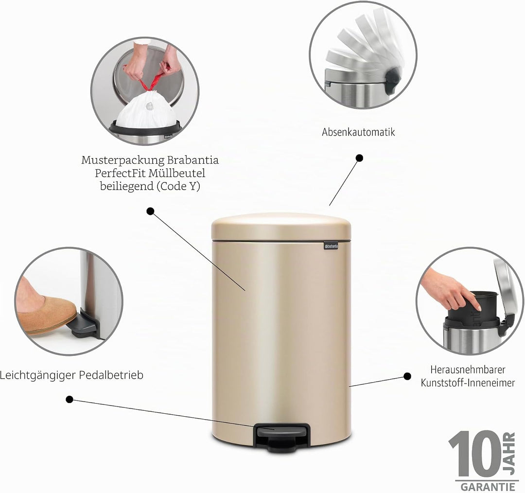 Brabantia Treteimer, Metallic Gold, 20L 20 Liter Champagne, 20 Liter Champagne