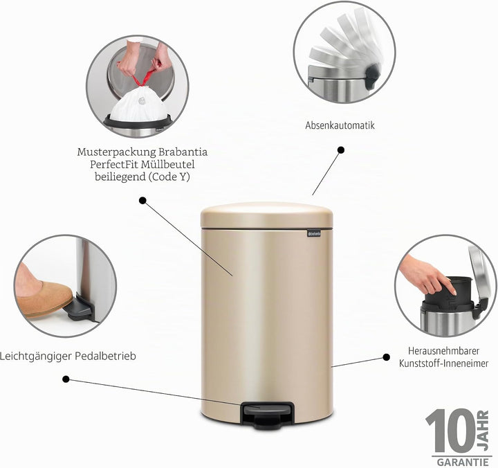 Brabantia Treteimer, Metallic Gold, 20L 20 Liter Champagne, 20 Liter Champagne