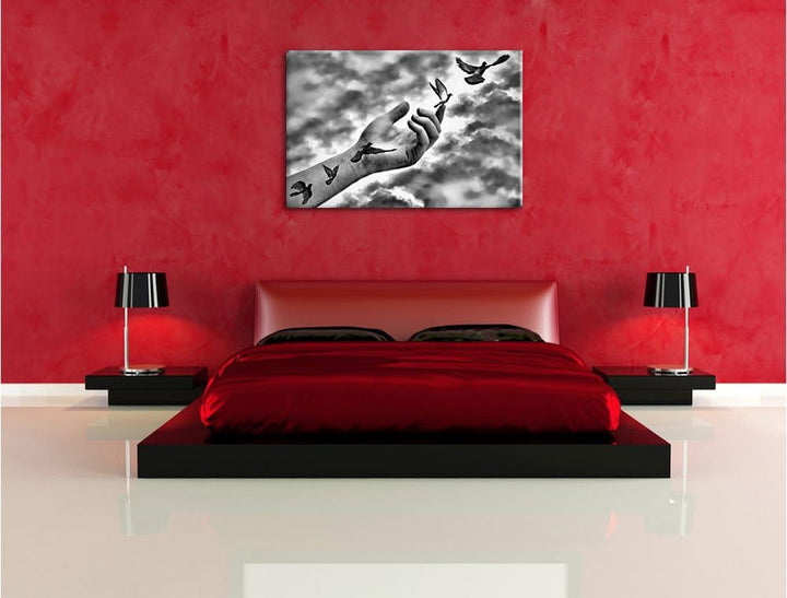 Pixxprint Monocrome, Vögel fliegen in die Freiheit, Format: 100x70 auf Leinwand, 100x70