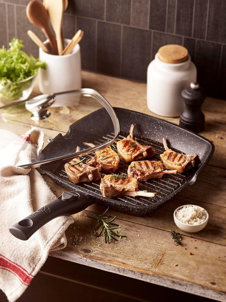 Pradel Excellence, PCUI001022, Grillpfanne aus Aluminiumguss 28x28cm, Deckel aus Glas, Antihaftbesch