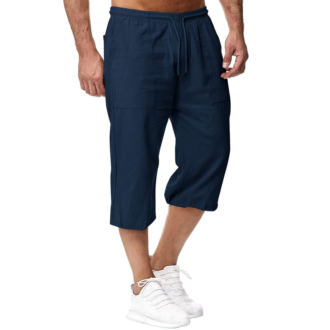 Herren Leinen-Shorts 3/4 Länge Hosen Sommerhose Strand Yoga Jogger Casual Sweatpants Dunkelblau S, D