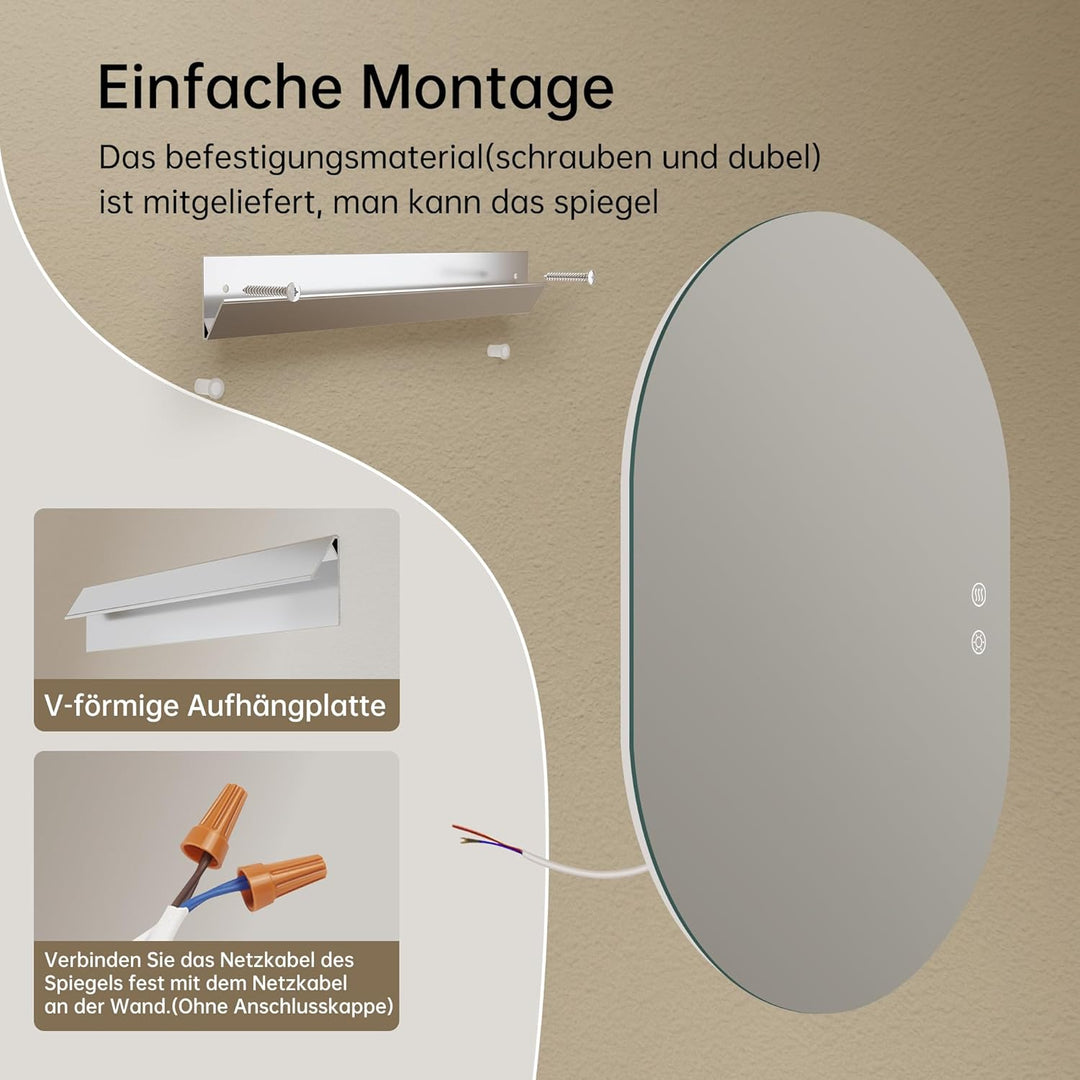 100x60cm LED Badspiegel mit Beleuchtung Oval | Badezimmerspiegel mit Beleuchtung,Beschlagfrei,Touch-