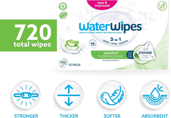 WaterWipes Sensitive+ Hydrating Boost Wipes, Feuchtigkeitsspendende Tücher, 720 Stück (12 Packungen)