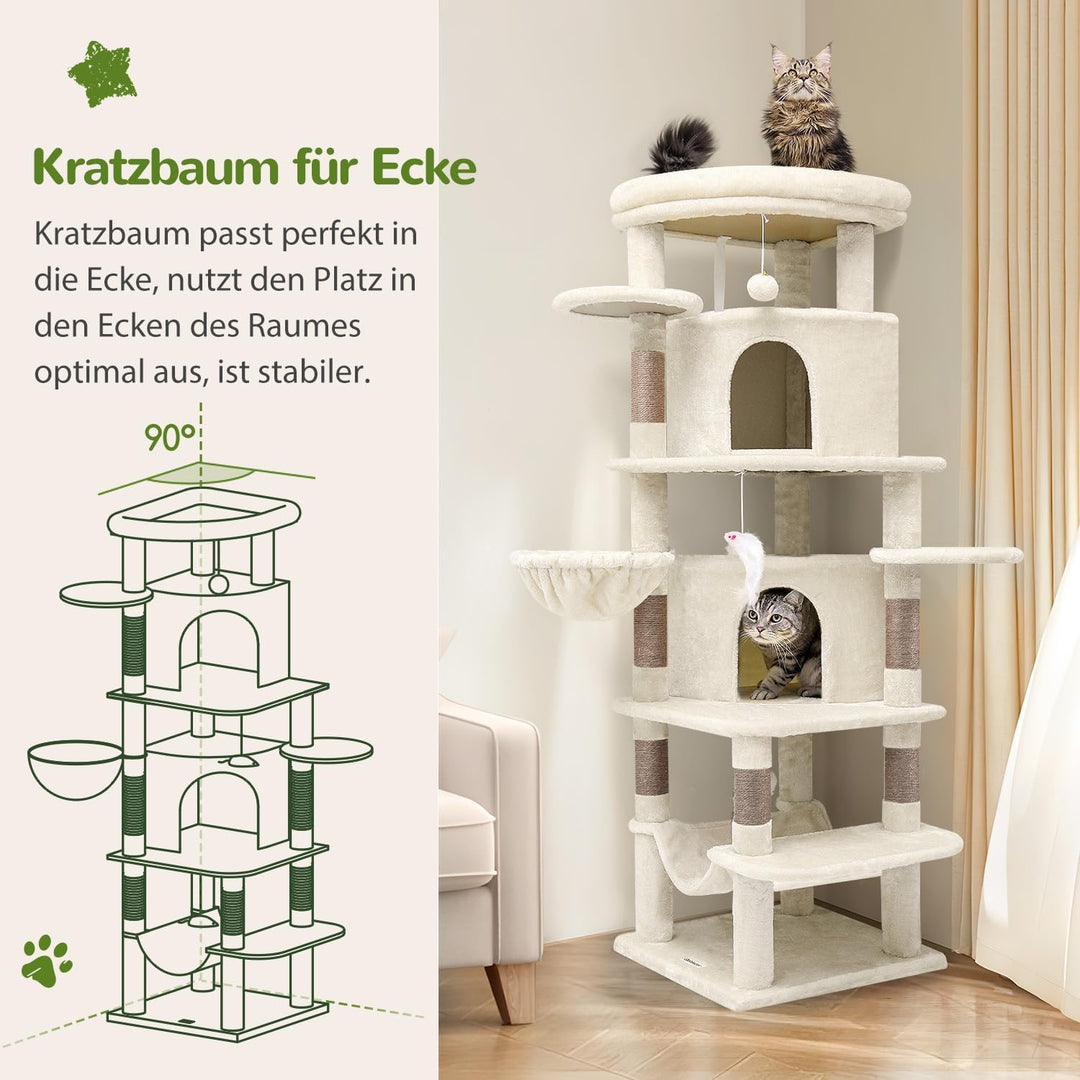 Globlazer Kratzbaum Beige Gross, Eckkratzbaum Stabil hoch 167 cm mit 2 Sektor Katzenhaus, Gepolstert