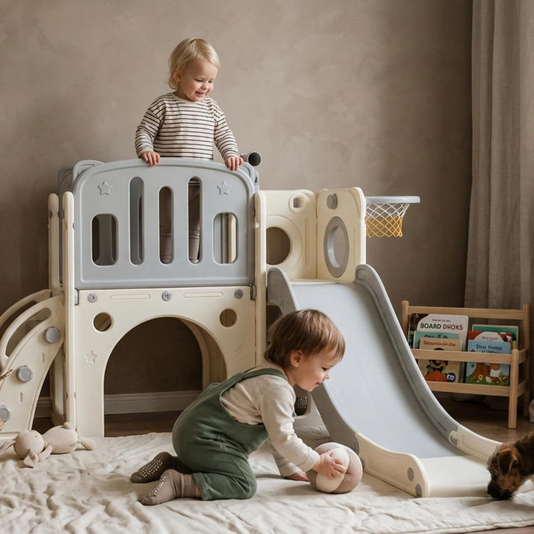 hoopyosms Kinder Rutsche mit Klettergerüst, Basketballkorb und Tunnel, Indoor-Kunststoffrutschenset