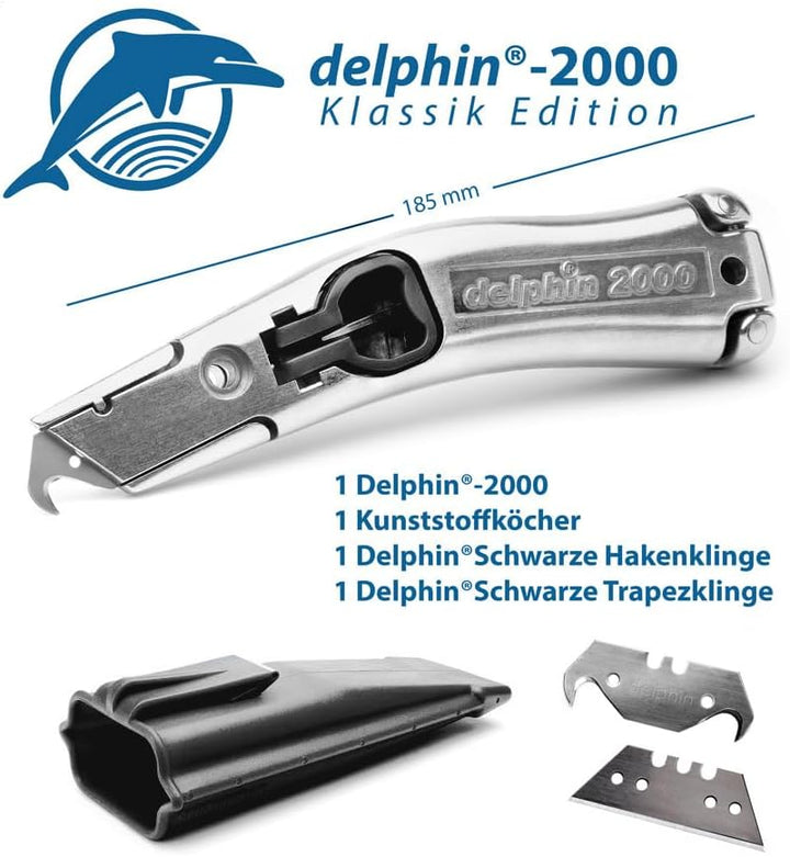 Delphin®-2000 Teppichmesser, Klassik Edition, Feststehende Klinge, Profi Cuttermesser, Alu, Klingen