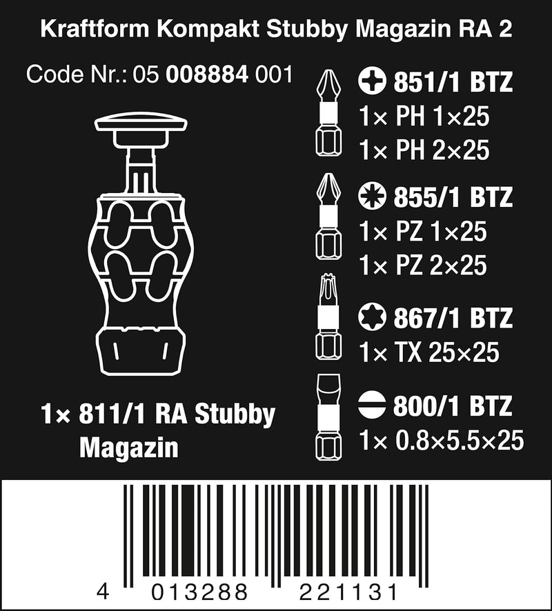 Wera 05008884001 Kraftform Kompakt Stubby Magazin RA 2, Stubby Ratschenschraubendreher mit Bit Magaz