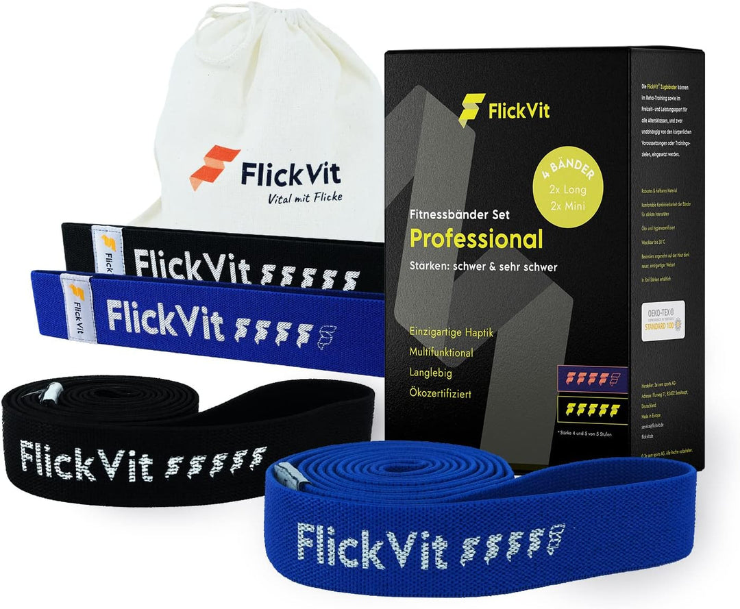 FlickVit Fitnessbänder 4er Set- Professional (4 & 5) inkl. Tragebeutel, Fitnessband Stoff, Klimmzugb
