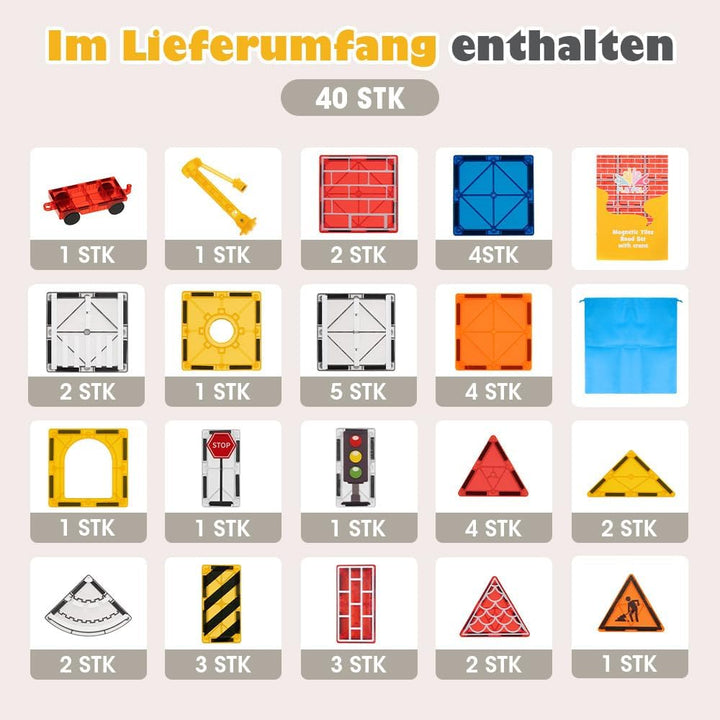 Playpals Magnetische Bausteine Stadt-Strassenset, 40-teilig mit Kran | STEM-Lernen, Verkehrszeichen,
