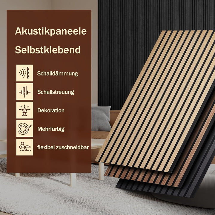 Akustikpaneele Selbstklebend 2er Set 100x52cm, Schalldämmung Echoreduzierung Wandpaneele aus Holzf