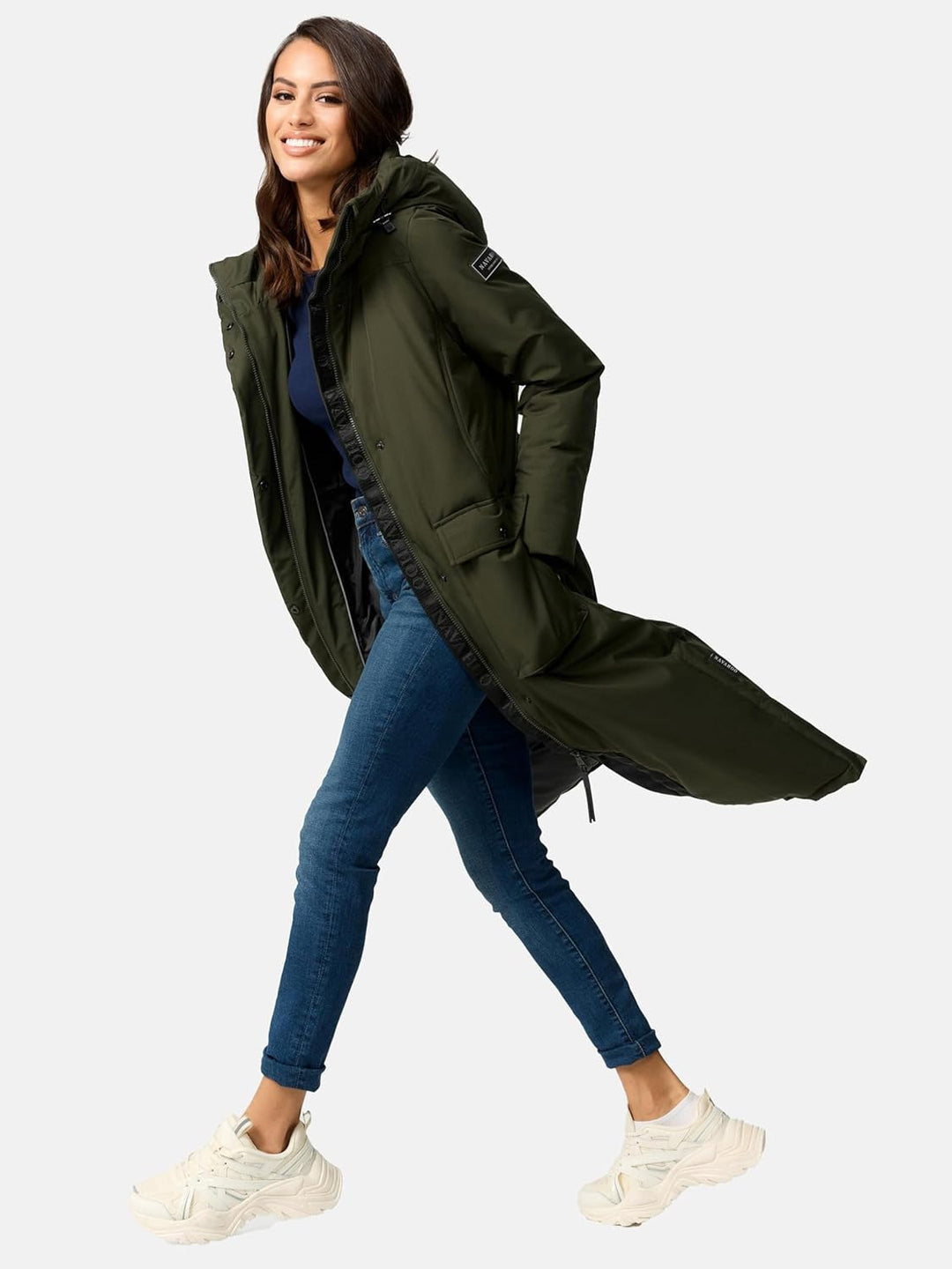 Navahoo Damen Wintermantel Warmer Mantel extralang mit Kapuze Wolkenfrost XIV XS-XXL XL Dark Olive,