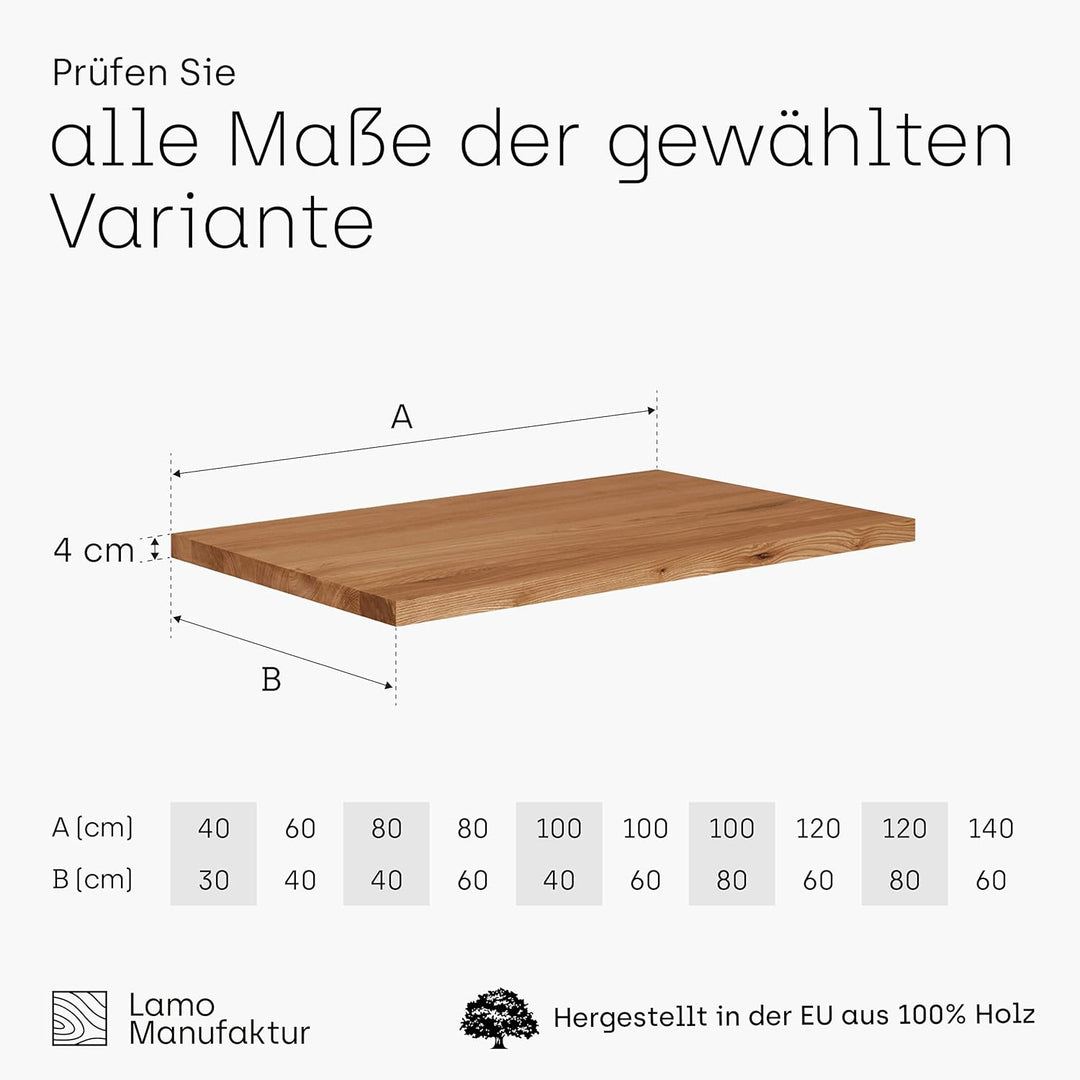 LAMO Manufaktur Tischplatte Wohnzimmertisch Schreibtischplatte Arbeitsplatte Massivholz 100x40 cm, R