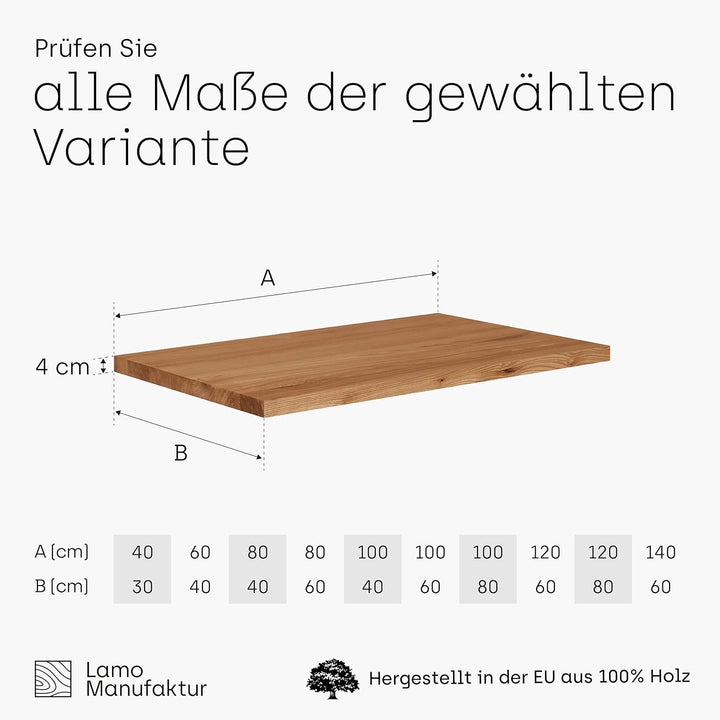 LAMO Manufaktur Tischplatte Massivholz für Couchtisch Nachttisch Beistelltisch 60x40 cm, Rustikal, L