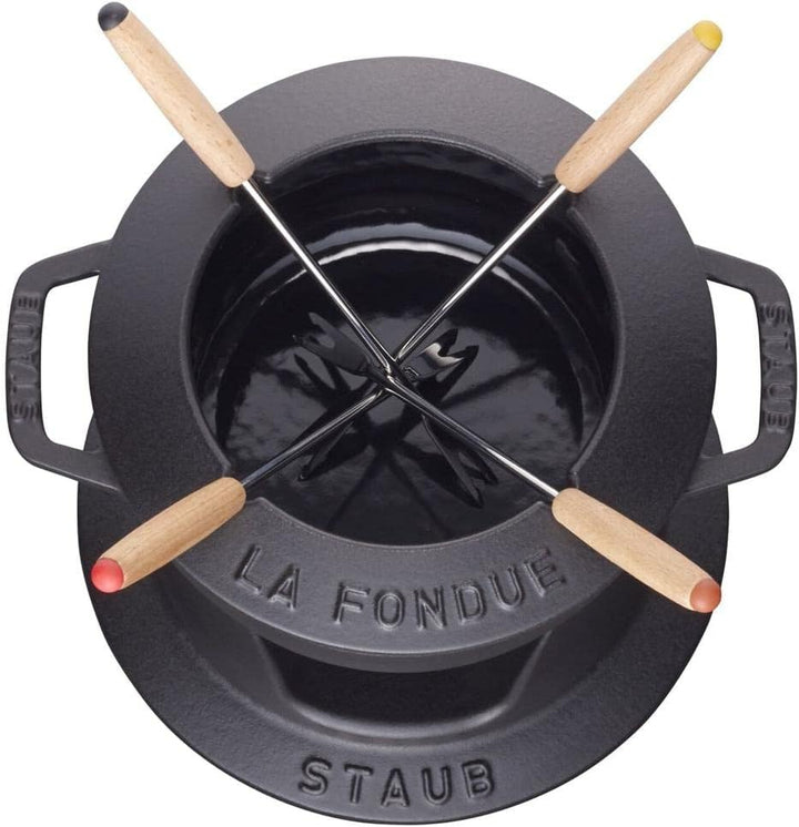 STAUB Fondue Set mit 4 Gabeln, Geeignet für Käse- Schoko- und Fleisch-Fondue, Gusseisen, 16 cm, Schw