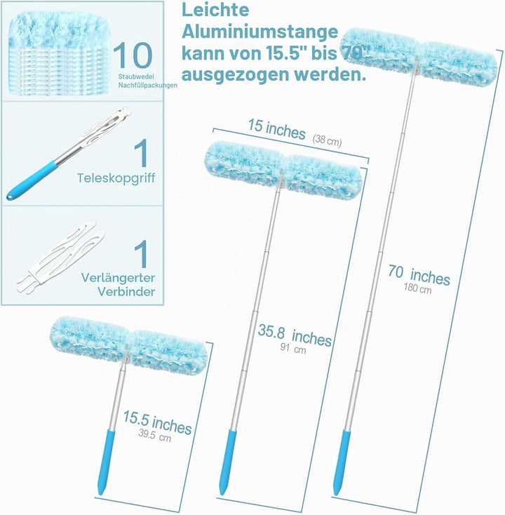 JEHONN Staubwedel Lang Ausziehbar 180 cm, 10 Nachfülltücher für Swiffer Teleskopstange, Robust Doppe