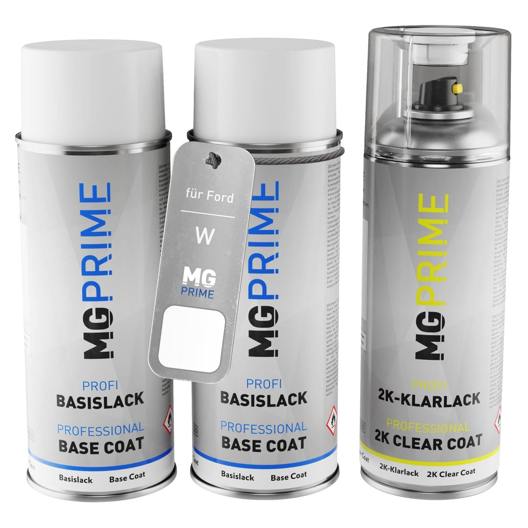 MG PRIME Autolack 2K Spraydosen Set für Ford W / PN3GZXXA Frozen White Solid/Frostweiss Grundlack Ba