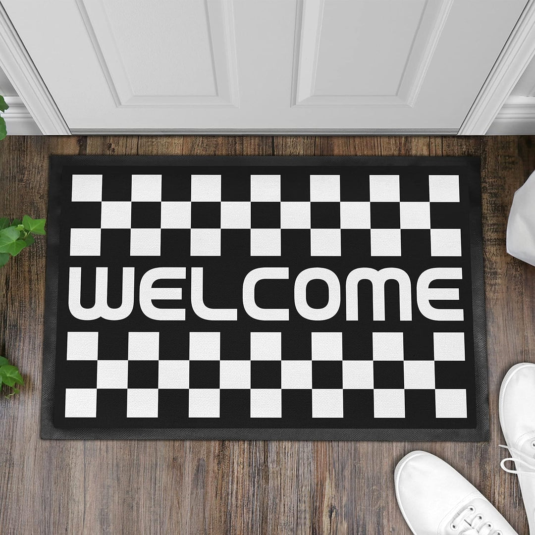 Trendation - Welcome Fussmatte Kariertes Muster Willkommen Geschenk Aussen Innenbereich 60x40 cm Sch