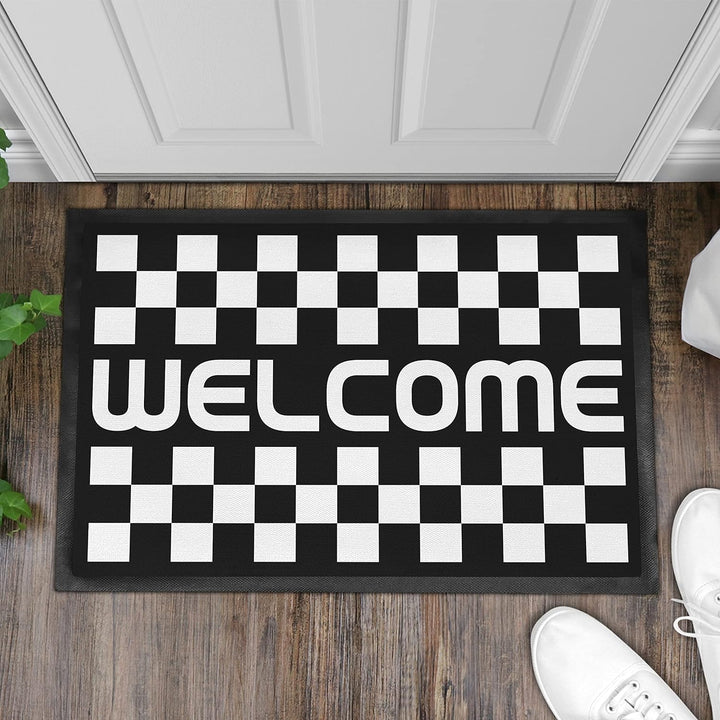 Trendation - Welcome Fussmatte Kariertes Muster Willkommen Geschenk Aussen Innenbereich 60x40 cm Sch