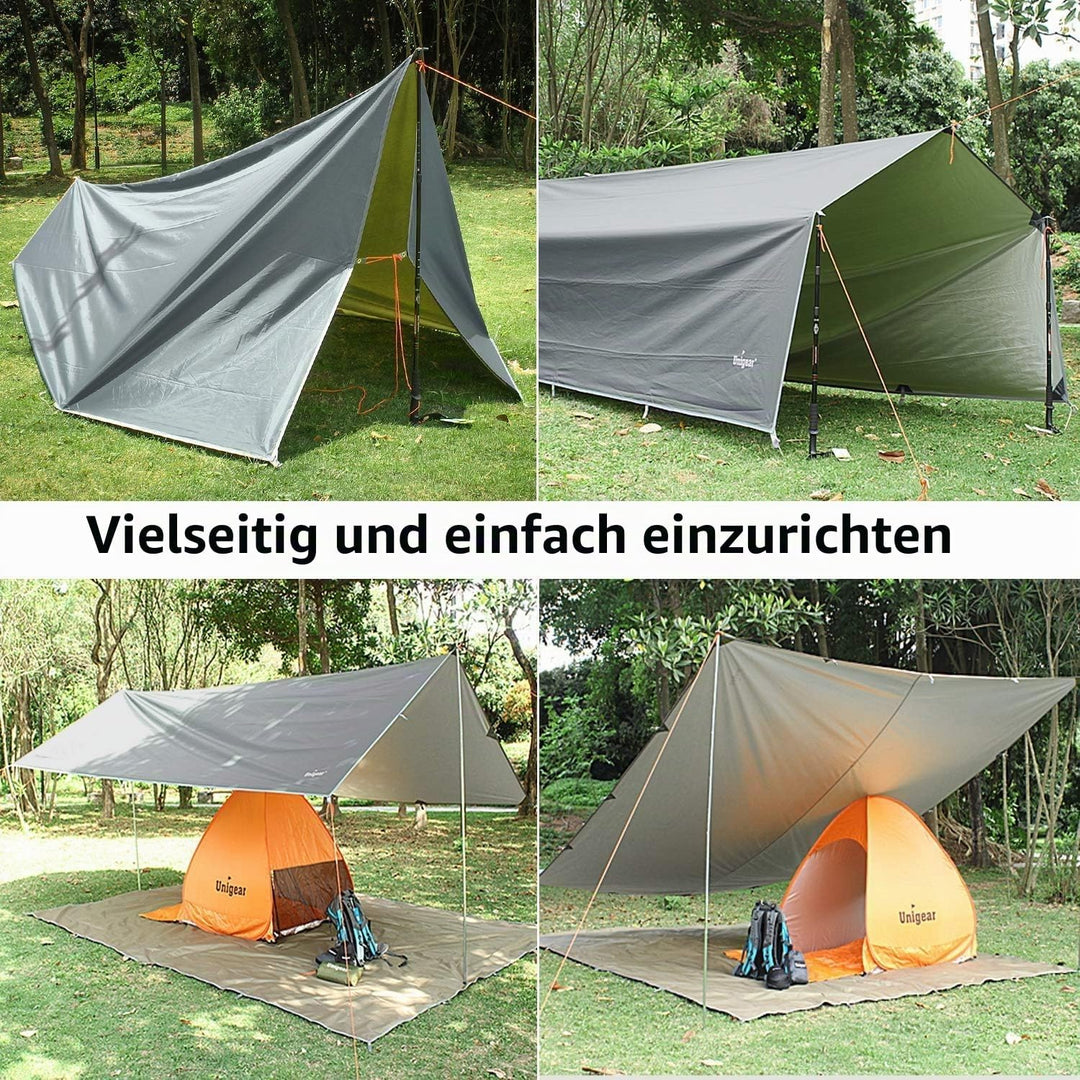 Unigear Tarp 3x3 3x4 3x5 4x4 wasserdicht, Zeltplane für Hängematte mit Ösen + 6/8 Erdnägel + 6/8 Sei