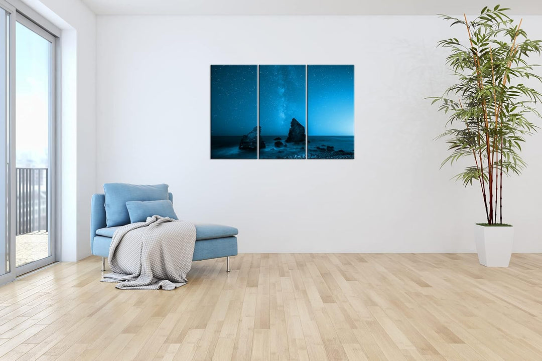atemberaubender Sternenhimmel am Meer Effekt: Zeichnung Format: 3-teilig 120x80, Motiv fertig gerahm