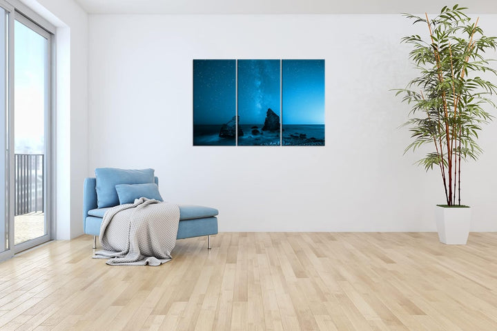 atemberaubender Sternenhimmel am Meer Effekt: Zeichnung Format: 3-teilig 120x80, Motiv fertig gerahm