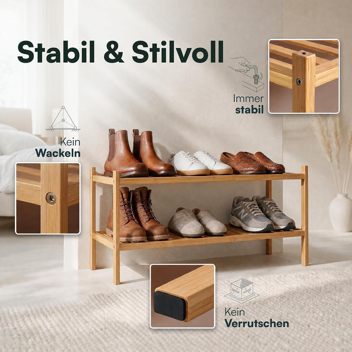 Schuhregal aus Bambus, Schuhablage mit 2 Ebenen, 68 x 28 x 32 cm, Erweiterbar Stapelbar, Schuhschran