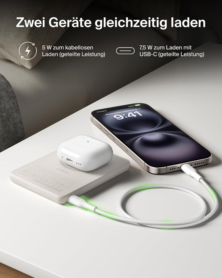 Belkin BoostCharge 5000mAh Magnetische Power Bank mit Magnetring – Beige | 5K Powerbank Kabellos, Ma