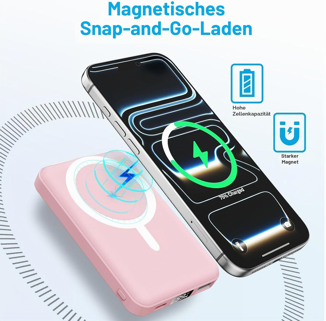 AOGUERBE for MagSafe Wireless Power Bank, Magnetische Powerbank 10000mAh mit USB C in&amp;Out, 22,5W Sch