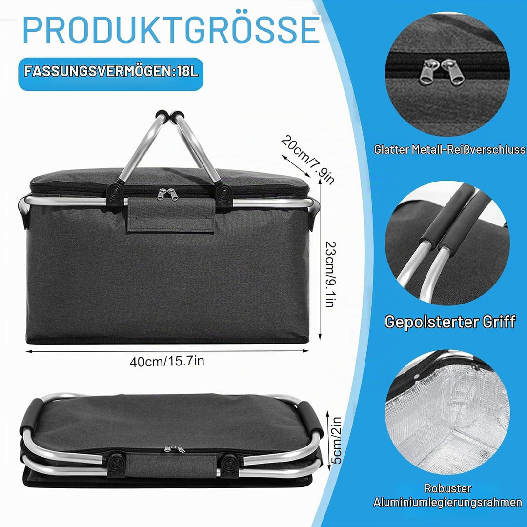 18L Einkaufskorb Faltbar, Einkaufskorb mit Kühlfunktion, mit Deckel, Korb Einkaufen, Kühlkorb Klappb