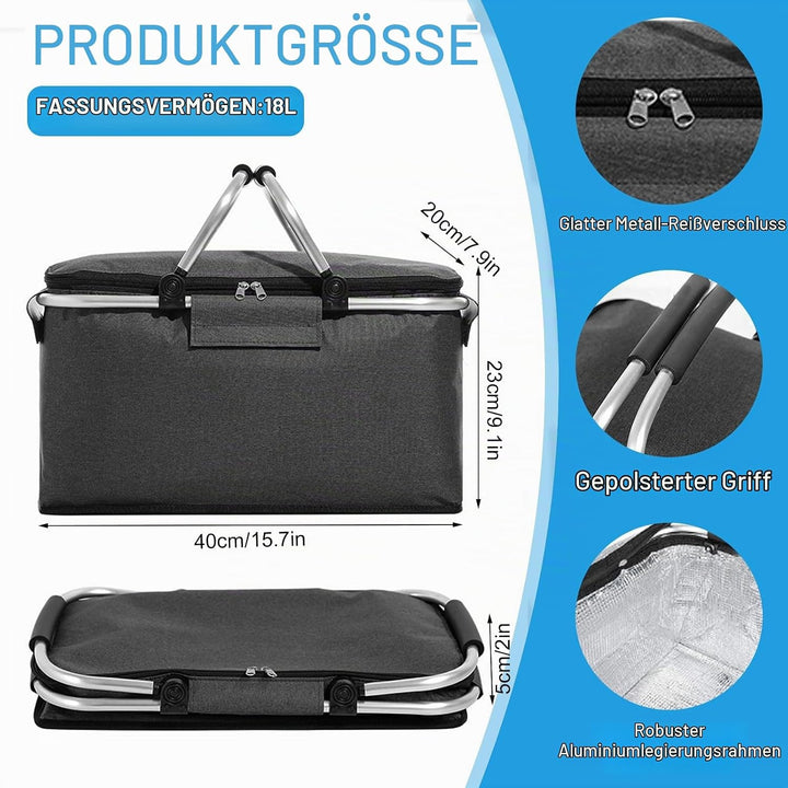18L Einkaufskorb Faltbar, Einkaufskorb mit Kühlfunktion, mit Deckel, Korb Einkaufen, Kühlkorb Klappb