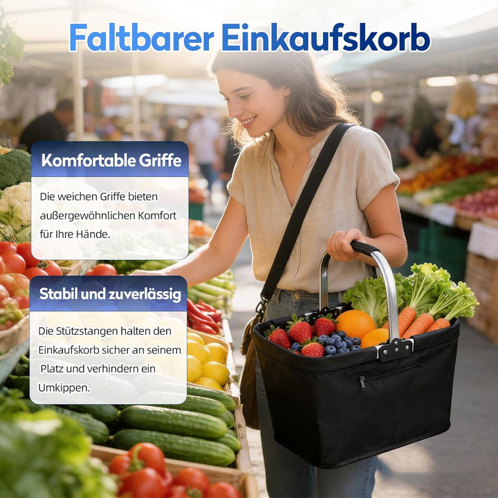 22.5L Zusammenlegbarer Picknick- & Einkaufskorb mit Gestell | Tragbarer Faltbarer Marktkorb mit Seit