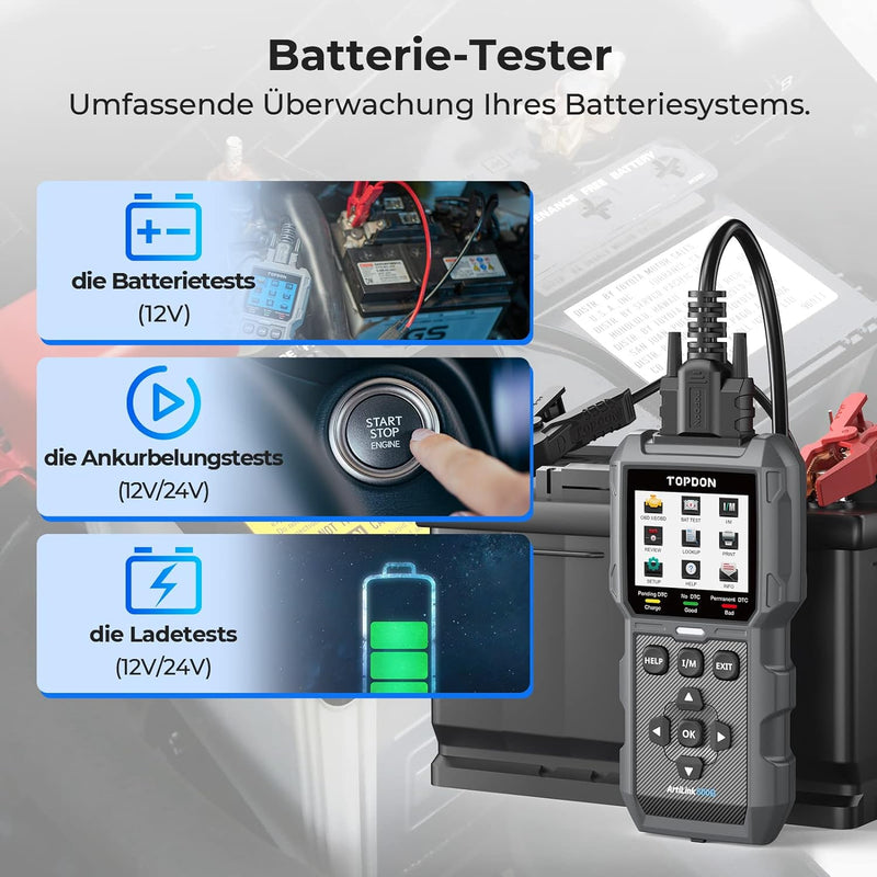 TOPDON ArtiLink500B OBD2 Diagnosegerät Auto und Batterietester 2-in-1, Universal KFZ-Fehlercode-Lese