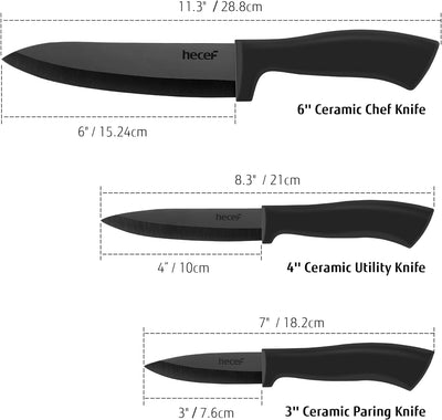 hecef Keramikmesser set 3-teilig, Scharf Küchenmesser Set, Schwarz Keramik 6'' Kochmesser, 4'' Obstm