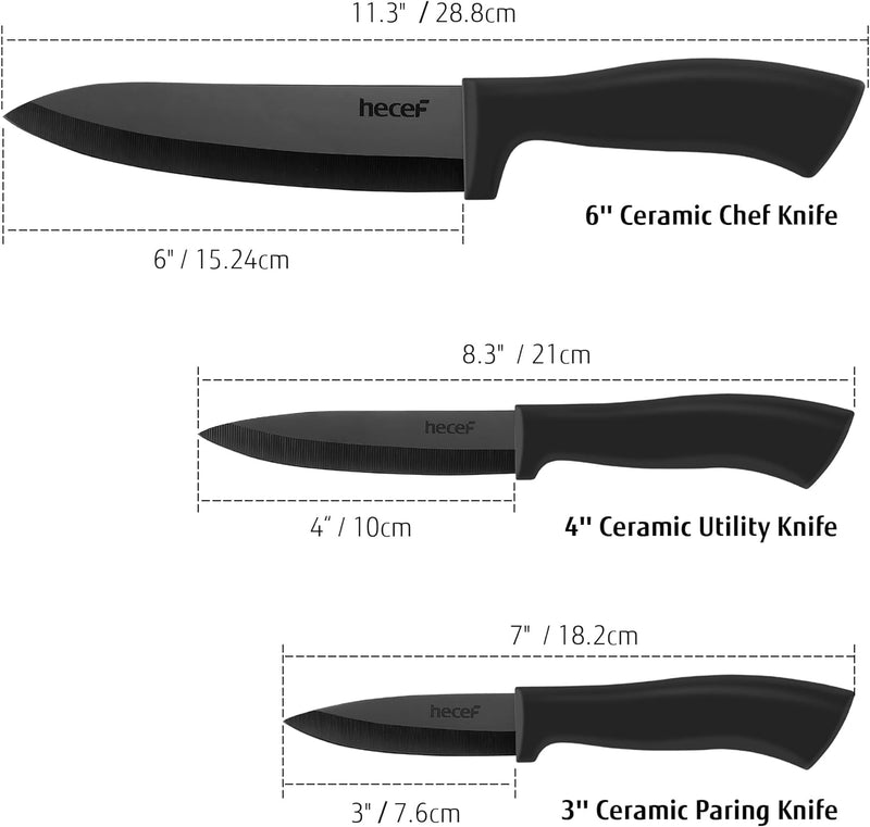hecef Keramikmesser set 3-teilig, Scharf Küchenmesser Set, Schwarz Keramik 6&