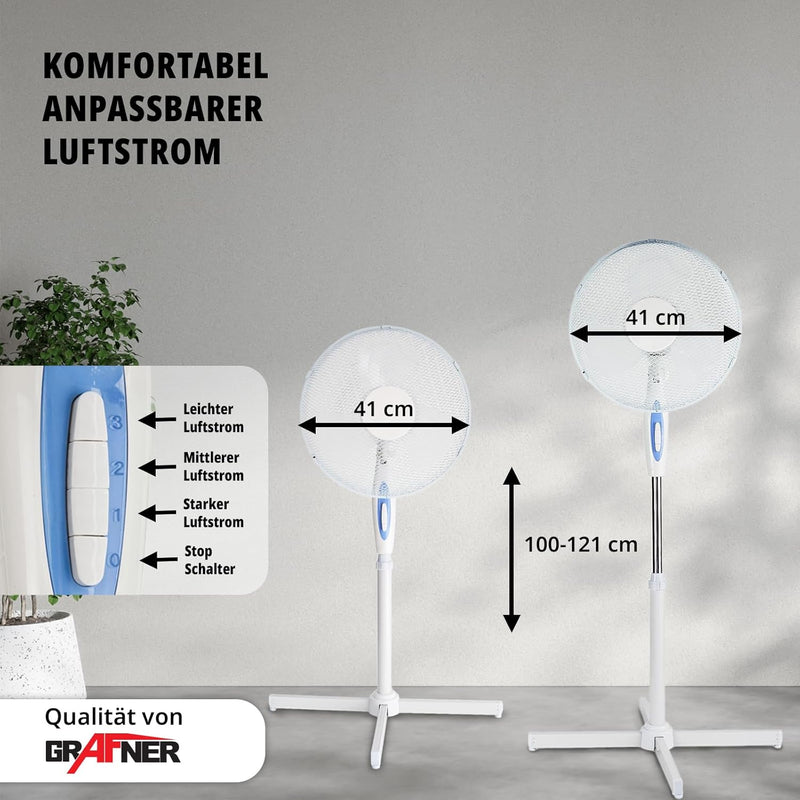 Grafner XXL Standventilator mit Oszillation, Ø41 cm, 3 Geschwindigkeitsstufen, höhenverstellbar, lei