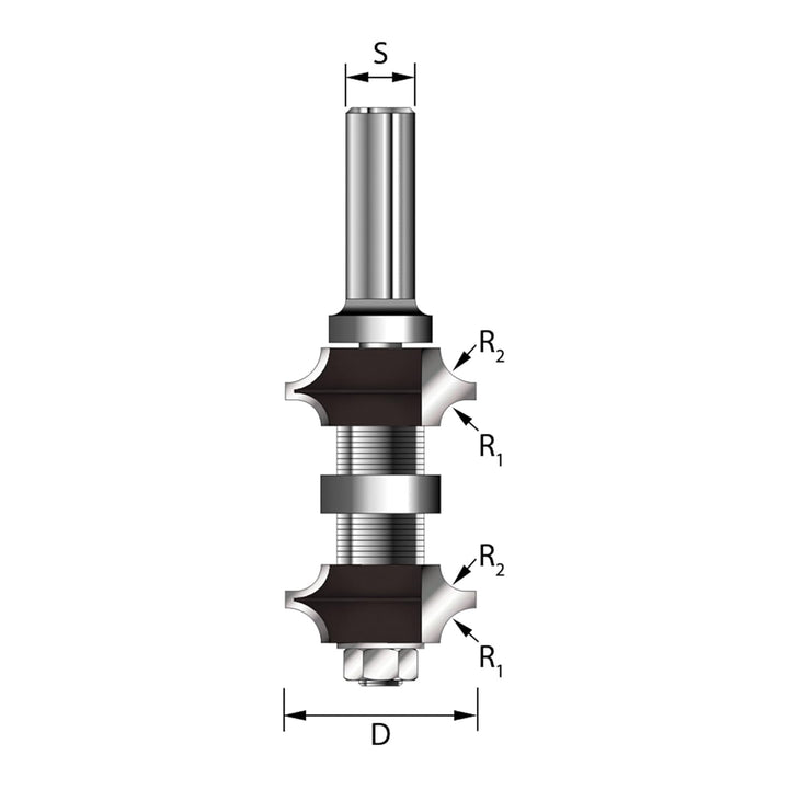 ENT 14840 Doppelseitiger Abrundfräser HW, Schaft (S) 12 mm, Durchmesser (D) 34,9 mm, R1 6,35 mm, R2