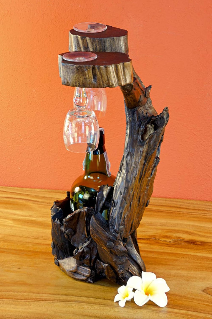 Teak Wurzelholz Flaschenständer - 45cm Teak Flaschenhalter - Edel und dekorativ für 1 Flasche und 2