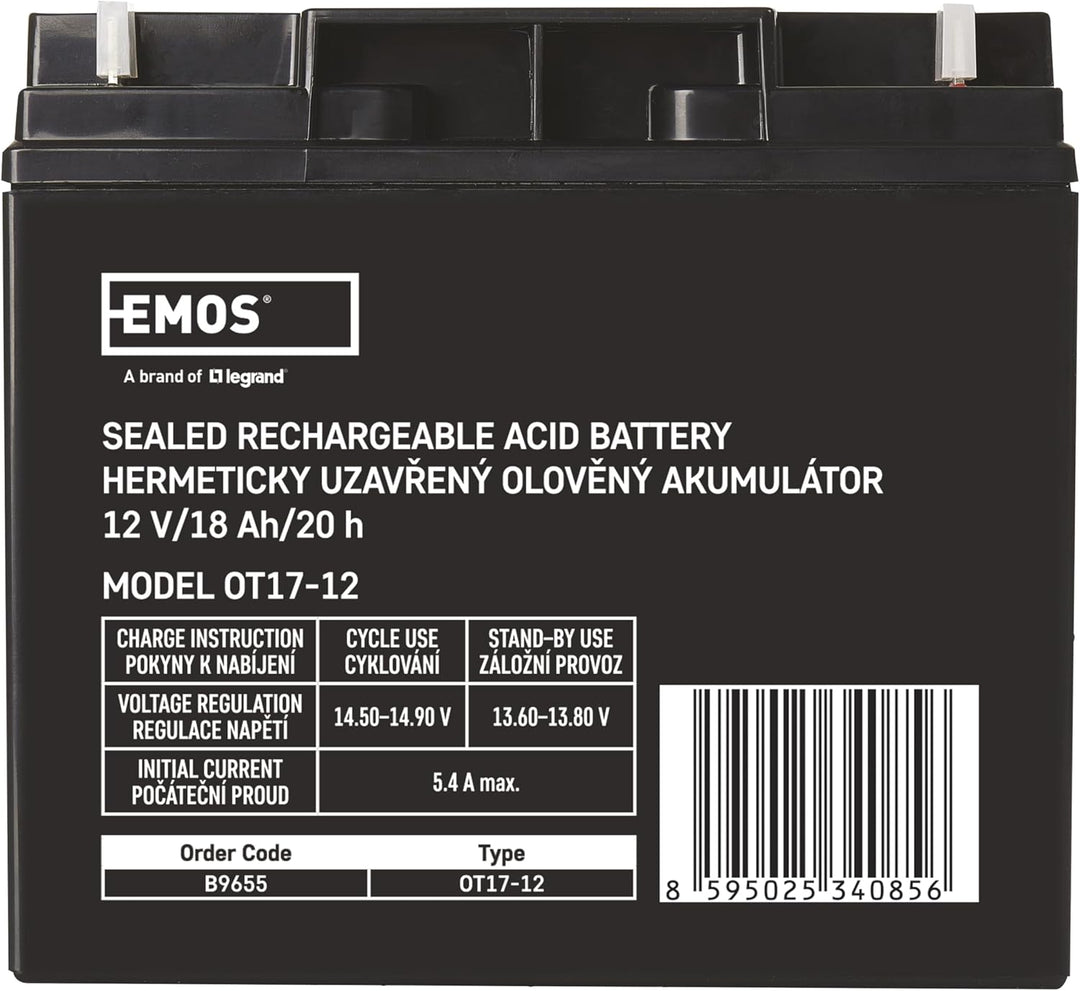 EMOS - Wartungsfreier Bleiakku - 12V 18Ah - AGM Batterie - Für Notbeleuchtung, Alarmsysteme, USV-Ger