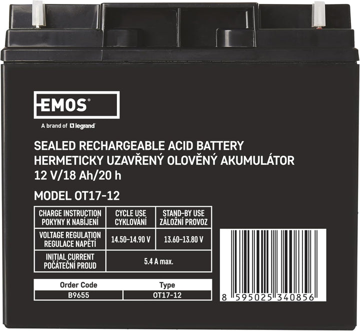 EMOS - Wartungsfreier Bleiakku - 12V 18Ah - AGM Batterie - Für Notbeleuchtung, Alarmsysteme, USV-Ger