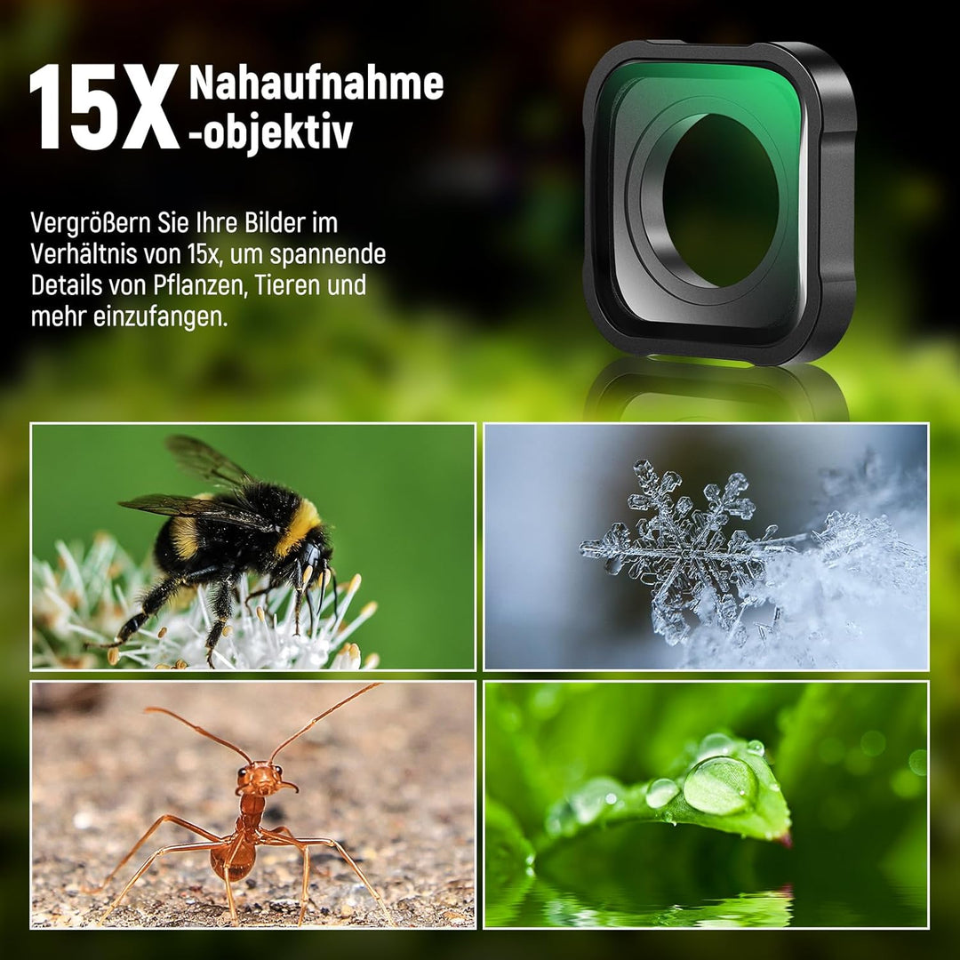 NEEWER 15X Makro Objektiv Kompatibel mit GoPro Hero 13 12 11 10 9 Action Kamera Close Up Anti Reflek